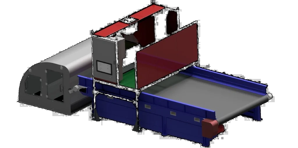 Studio rendering of a UCY A-series belt sorter, inspection chamber over the conveyor
