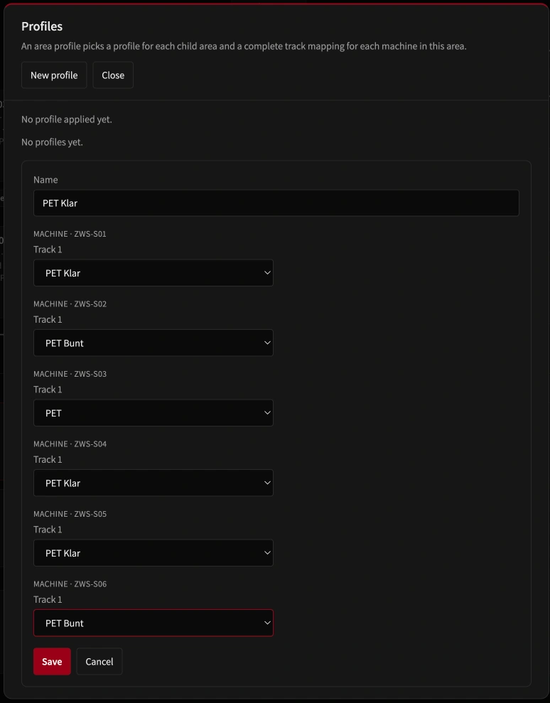 UCY Cockpit Profiles modal showing line-wide recipe configuration across multiple sorting machines