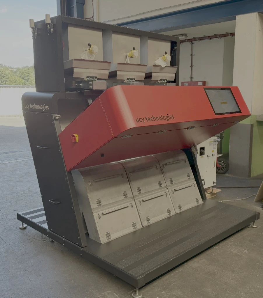 UCY F-series optical flake sorter with three chutes and touchscreen HMI